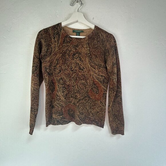 Lauren Ralph Lauren Petite Womens Silk Cashmere Metallic Paisley Sweater Size PS - Picture 1 of 7